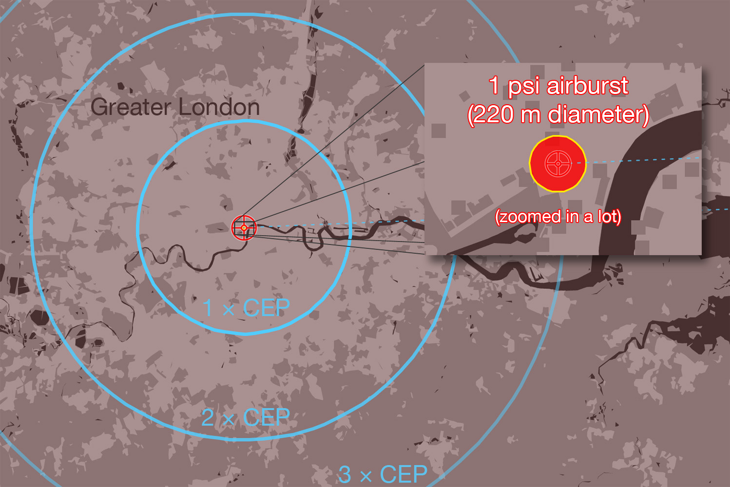 Example showing a 1 psi blast pressure from a V-2 rocket aimed at London.