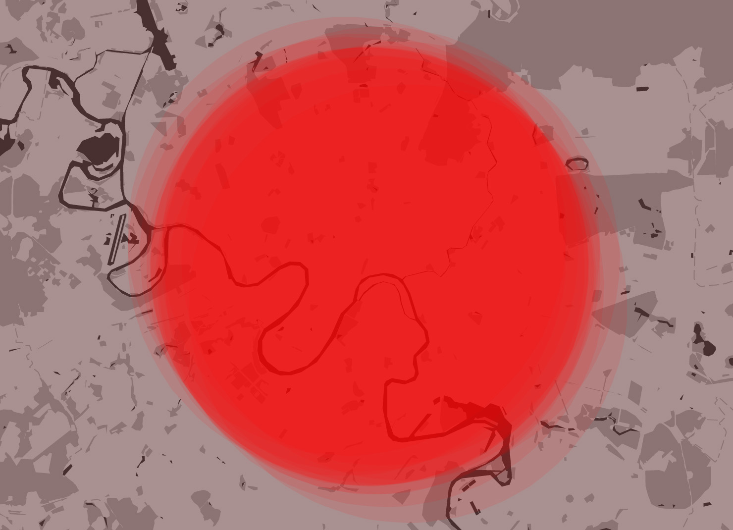 "Shadowed" blast rings from repeated "launched" of a Titan II missile on Moscow, showing areas hit by 5 psi of blast pressure.