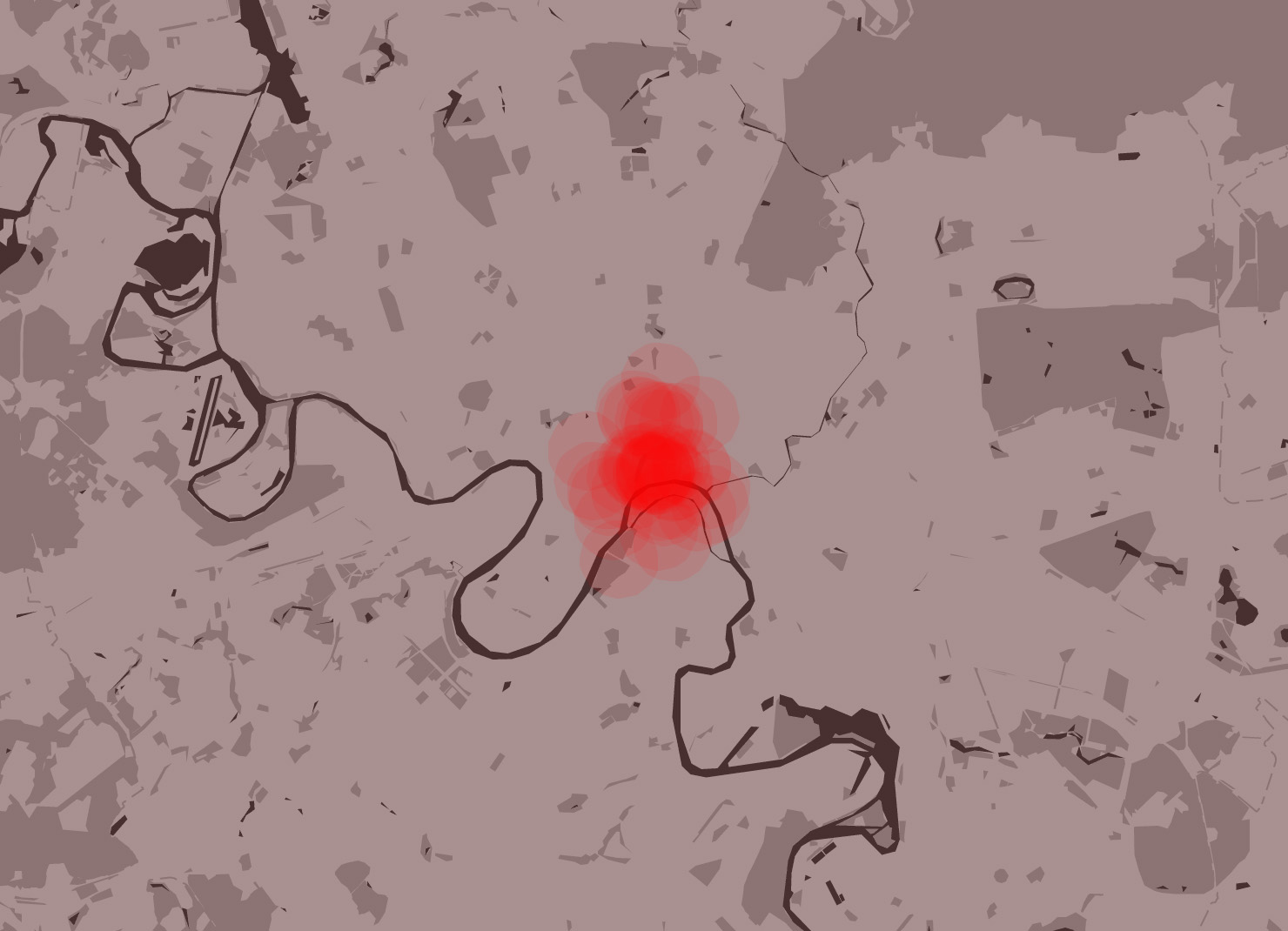 "Shadowed" blast rings from repeated "launched" of a Titan II missile on Moscow, showing areas hit by 100 psi of blast pressure.