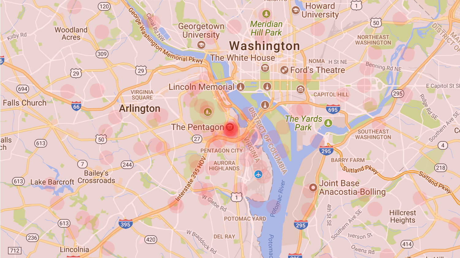 Blast shadows from a 10,000 psi surface burst, 5 megaton warhead, aimed at the Pentagon