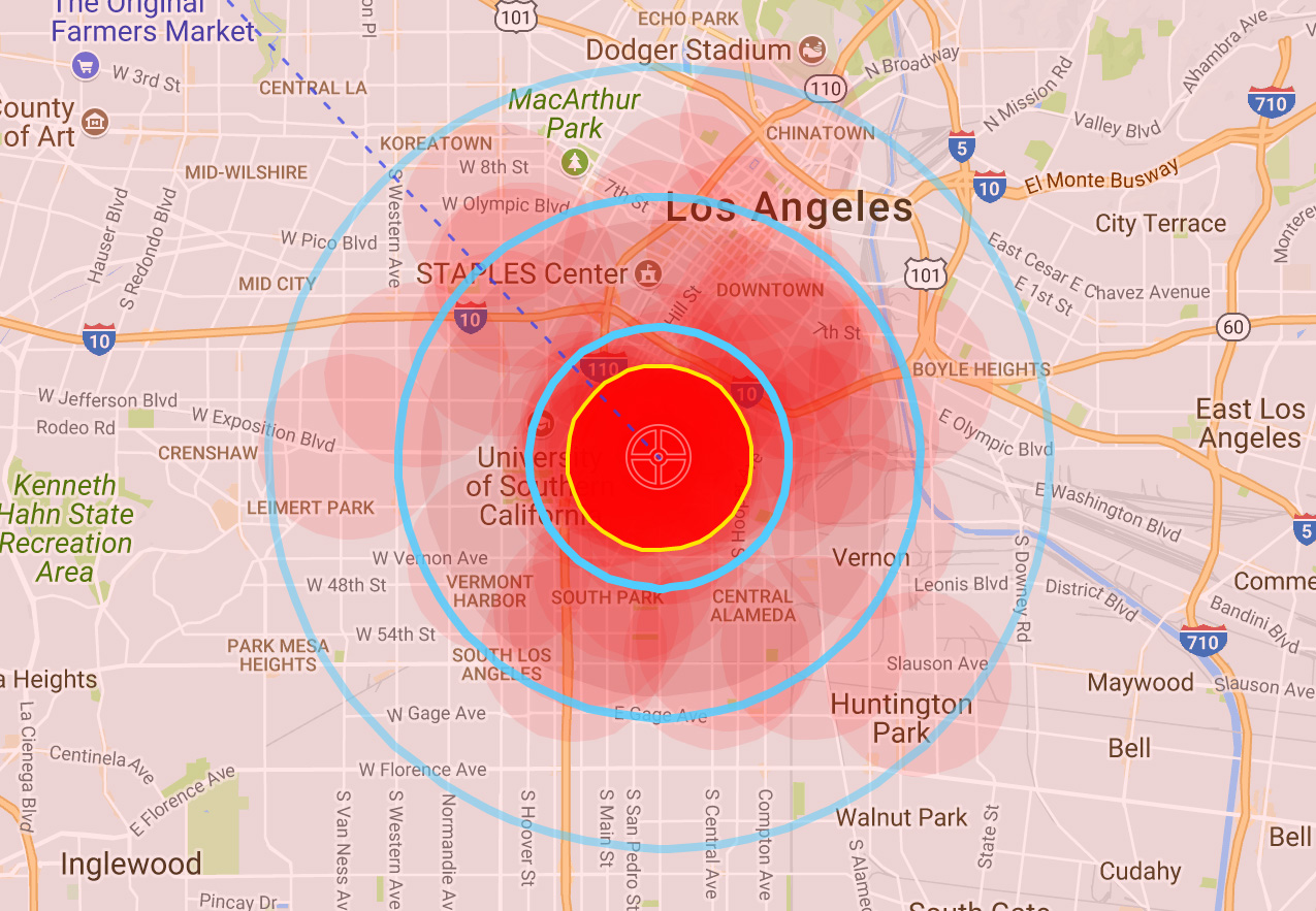 Map showing several "launches" of a hypothetical North Korean nuclear weapon agains Los Angeles, with the 5 psi blast radius "shadows"