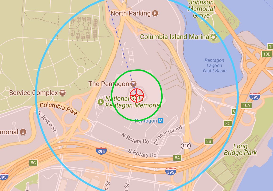 A zoomed-in map showing the Pentagon surrounded by the green ring of a 400 m diameter target area